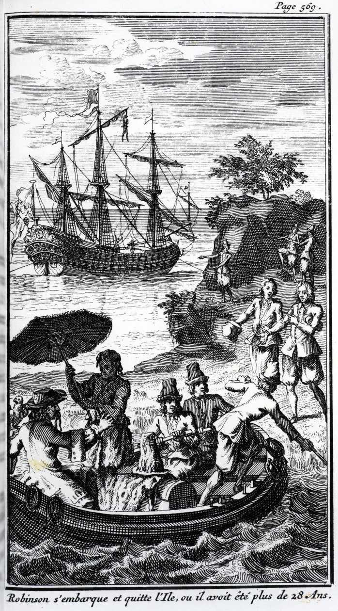 Francouzská ilustrace k románu "Robinson Crusoe" od Daniela Defoea od French School