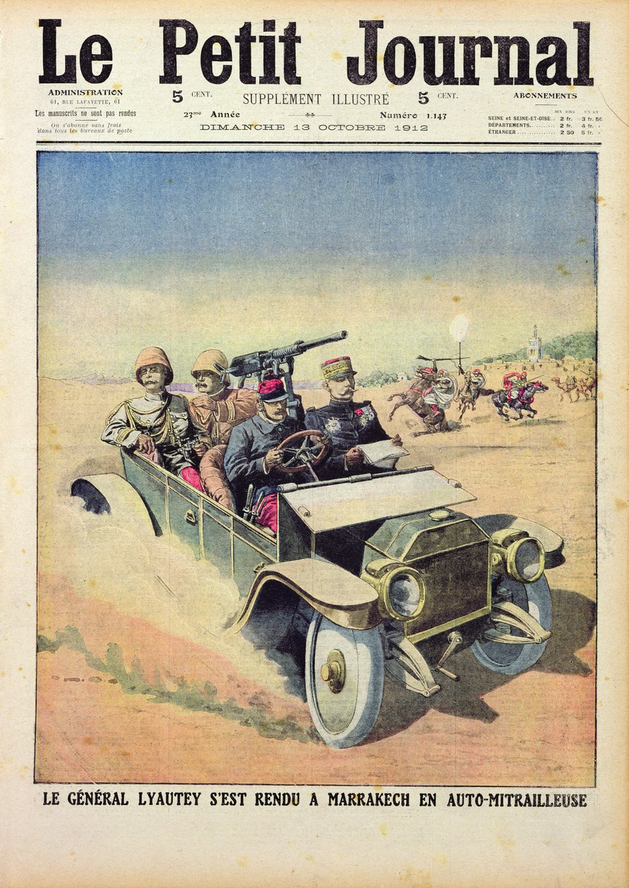 Generál Lyautey (1854-1934) jedoucí do Marrákeše v obrněném voze, z „Le Petit Journal“, 13. října 1912 od French School