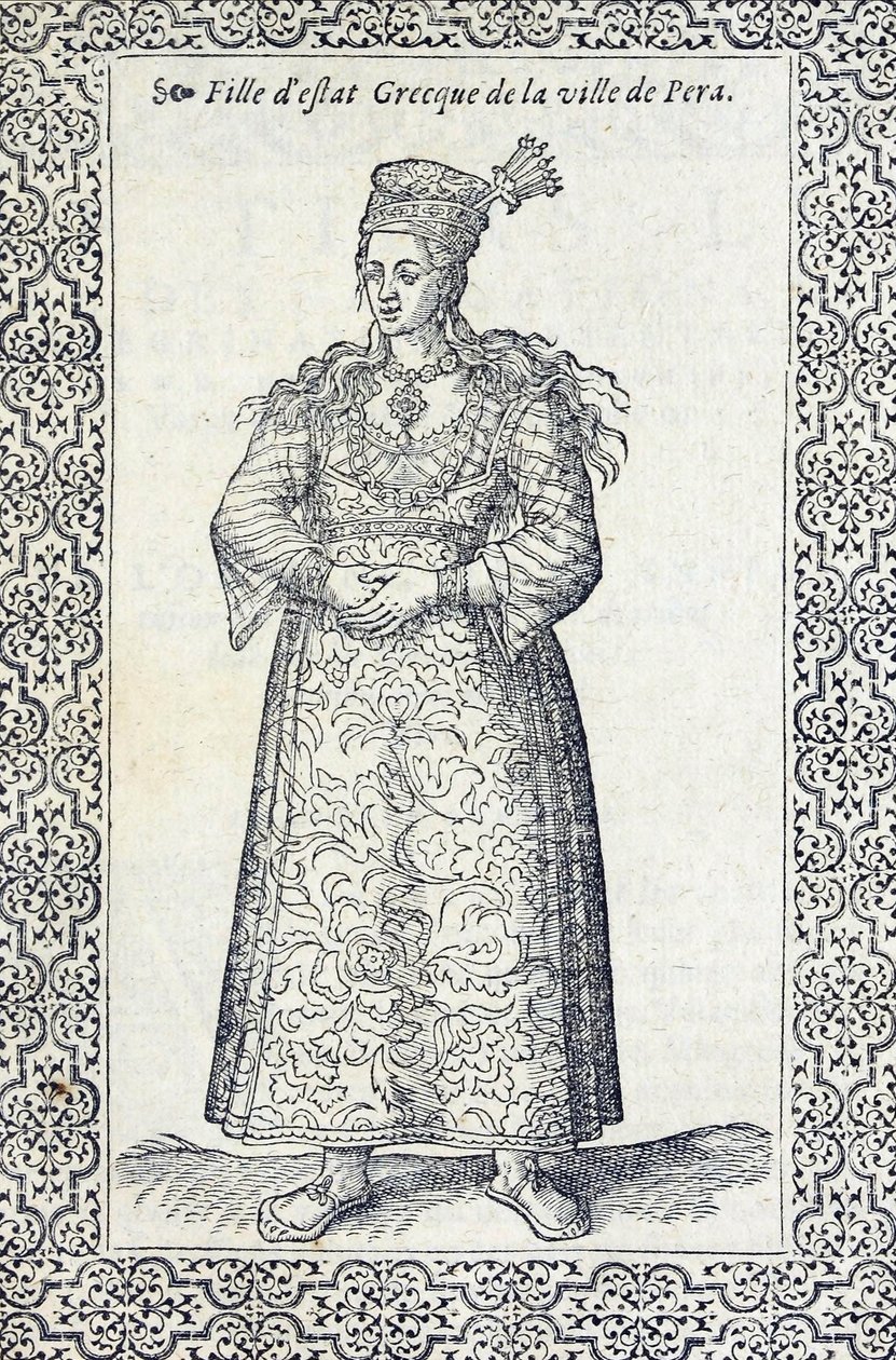 Ilustrace řecké dívky z Pery, z Les navigations, peregrinations et voyages, faicts en la Turquie, od Nicolase de Nicolay, před rokem 1576 od French School