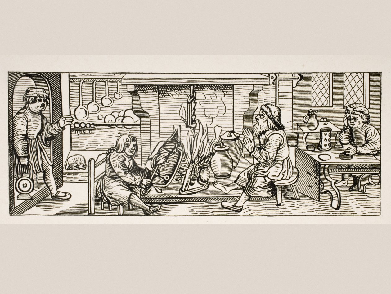 Interiér kuchyně podle dřevorytu v Calendarium Romanum od Jeana Staefflera, tištěný Tubingen, Německo, 1518, z Le Moyen Age et La Renaissance od Paula Lacroixe (1806-84) vydaného 1847 od French School