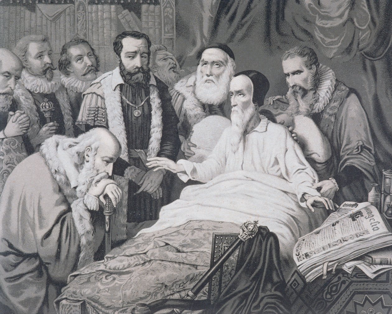 John Calvin (1509-1564) na smrtelné posteli od French School