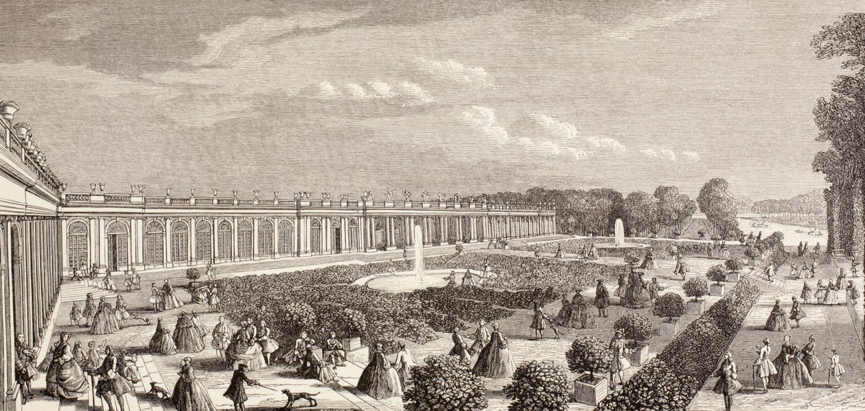 Le Grand Trianon, Versailles, v 18. století, z „XVIII Siecle Institutions, Usages et Costumes“, vydané v roce 1875 od French School
