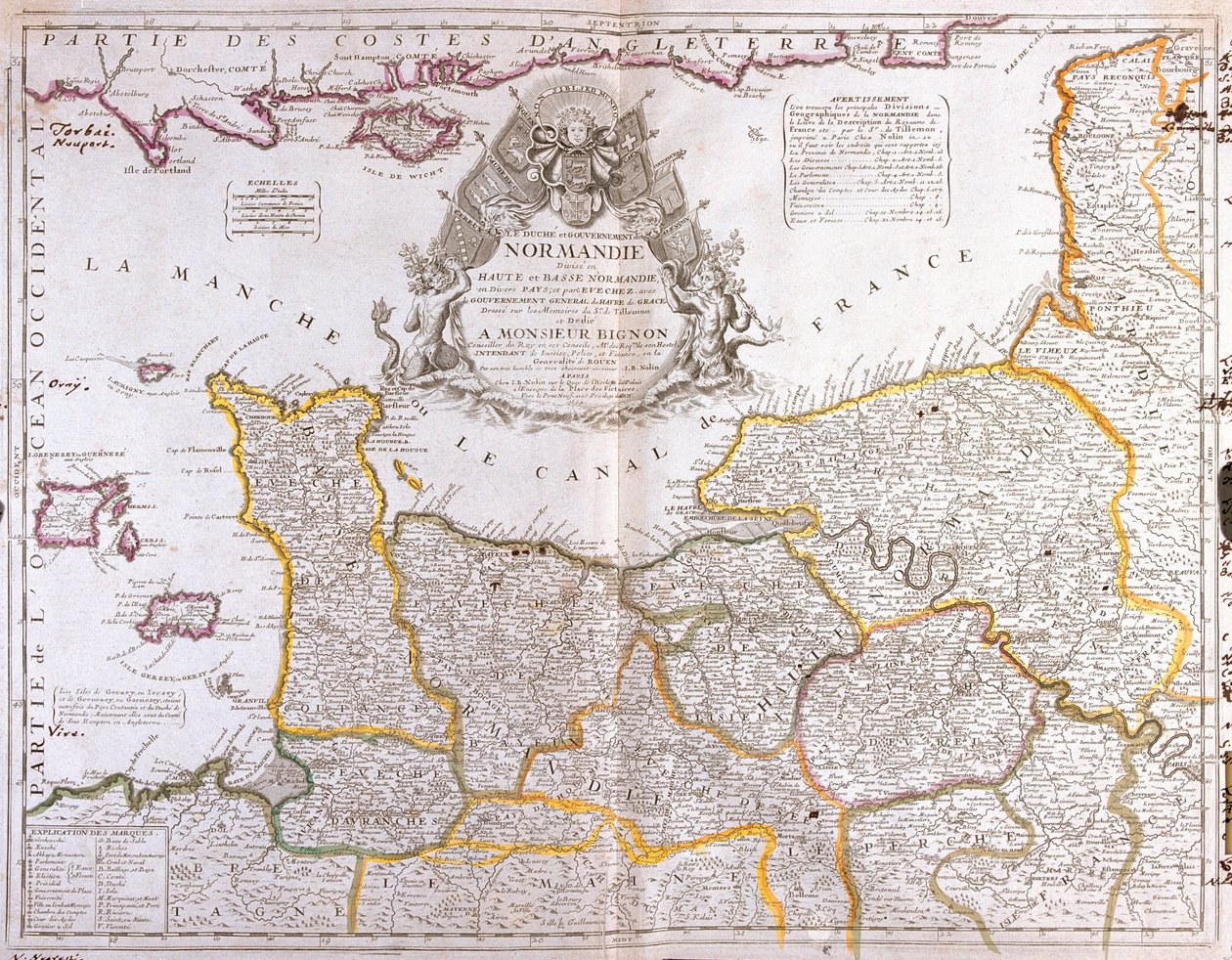 Mapa Normandie, 1694, z Le Theater du Monde, Jean-Baptiste Nolin, vydaná 1717 (ručně kolorovaná rytina) od French School