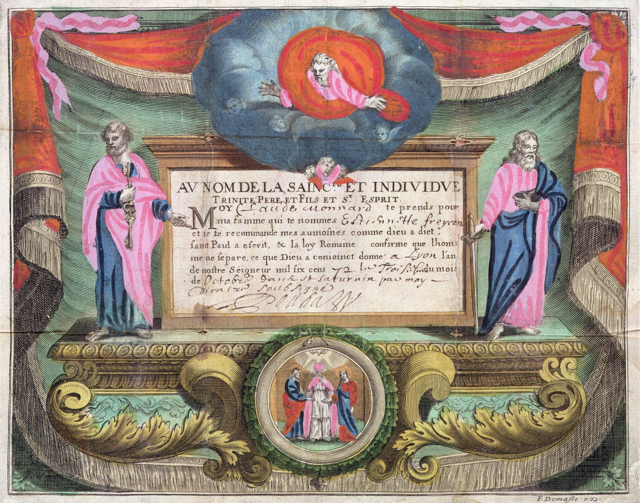 Oddací list pro Clauda Monnarda vydaný v Lyonu v roce 1672 od French School