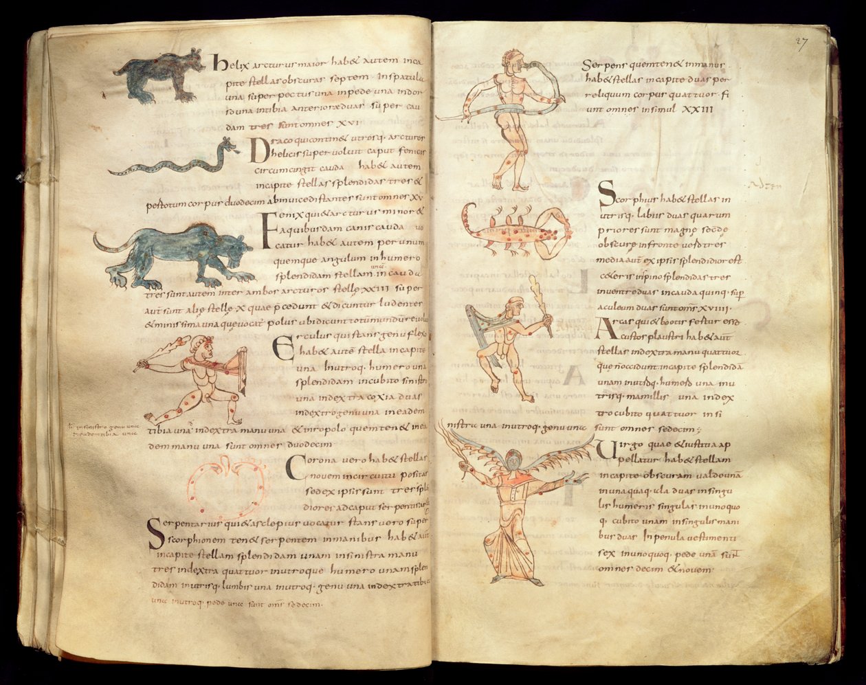 Ms 422 Fol.26v a 27r Cesta Měsíce napříč souhvězdími, z „De Natura Rerum“ od Isidora ze Sevilly od French School