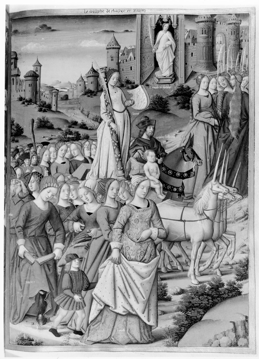 Ms.Fr.594 fol.102 Triumf cudnosti a rozumu, z „Les Triomphes“ od Petrarky (1304-74) 1503 od French School