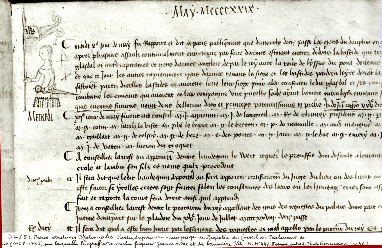 Stránka z „Rejstříku Rady parlamentu Paříže“ zobrazující Johanku z Arku (asi 1412-31), 10. května 1429 od French School