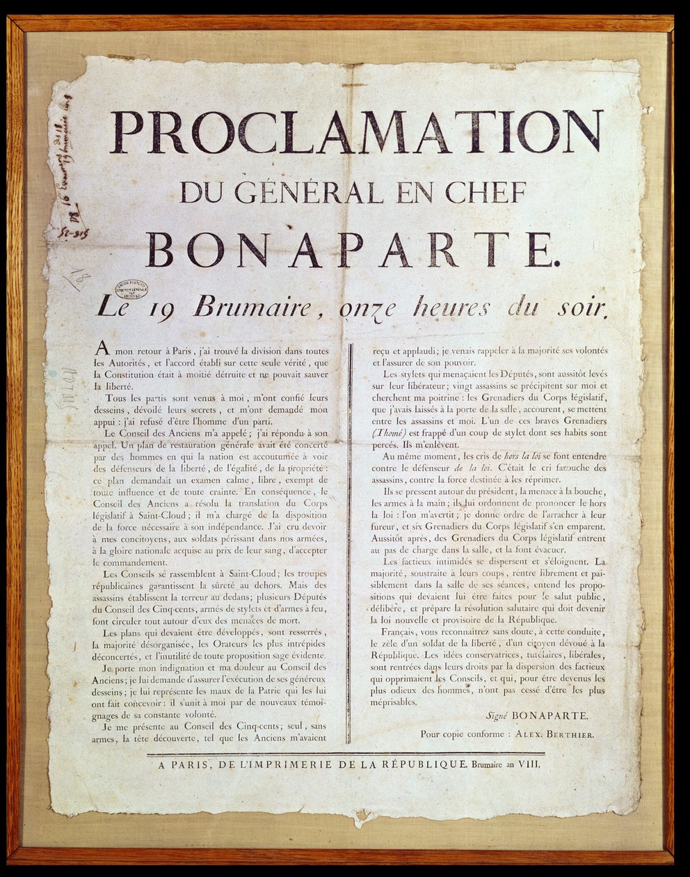 Provolání Napoleona I. (1769-1821) 19 Brumaire An 8 (10. listopadu 1799) od French School