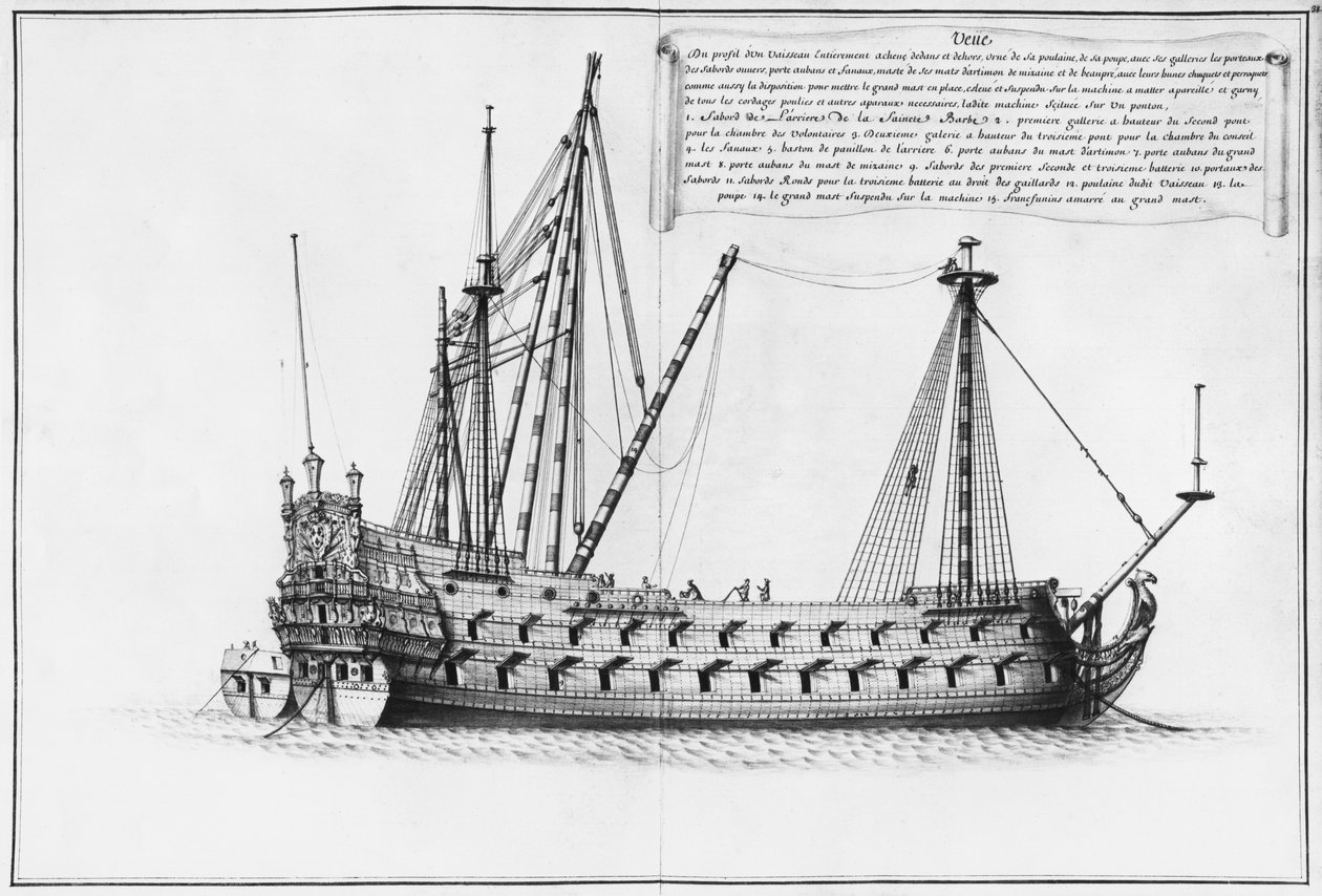 Profil vnitřku a vnějšku zcela dokončené lodi, ilustrace z "Atlas de Colbert", deska38 (tužka a čb na papíře) od French School