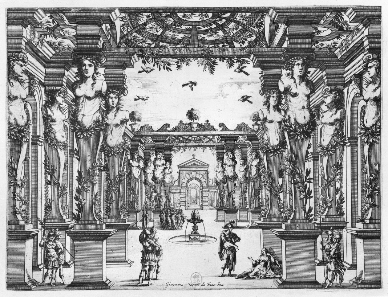Scénický návrh Giacoma Torelliho (1608-78) pro „Mirame“ uvedenou v roce 1641 v divadle Petit Bourbon v Paříži od French School