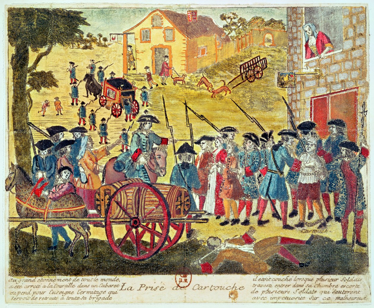 Zatčení Louise Dominika Cartouche (1693-1721) (rytina a čb na papíře) od French School