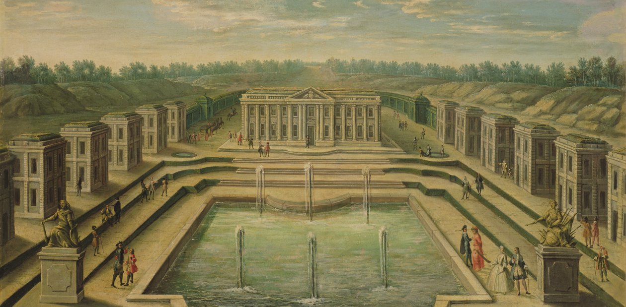 Zámek a pavilony v Marly z pohledu zahrad, počátek osmnáctého století od French School