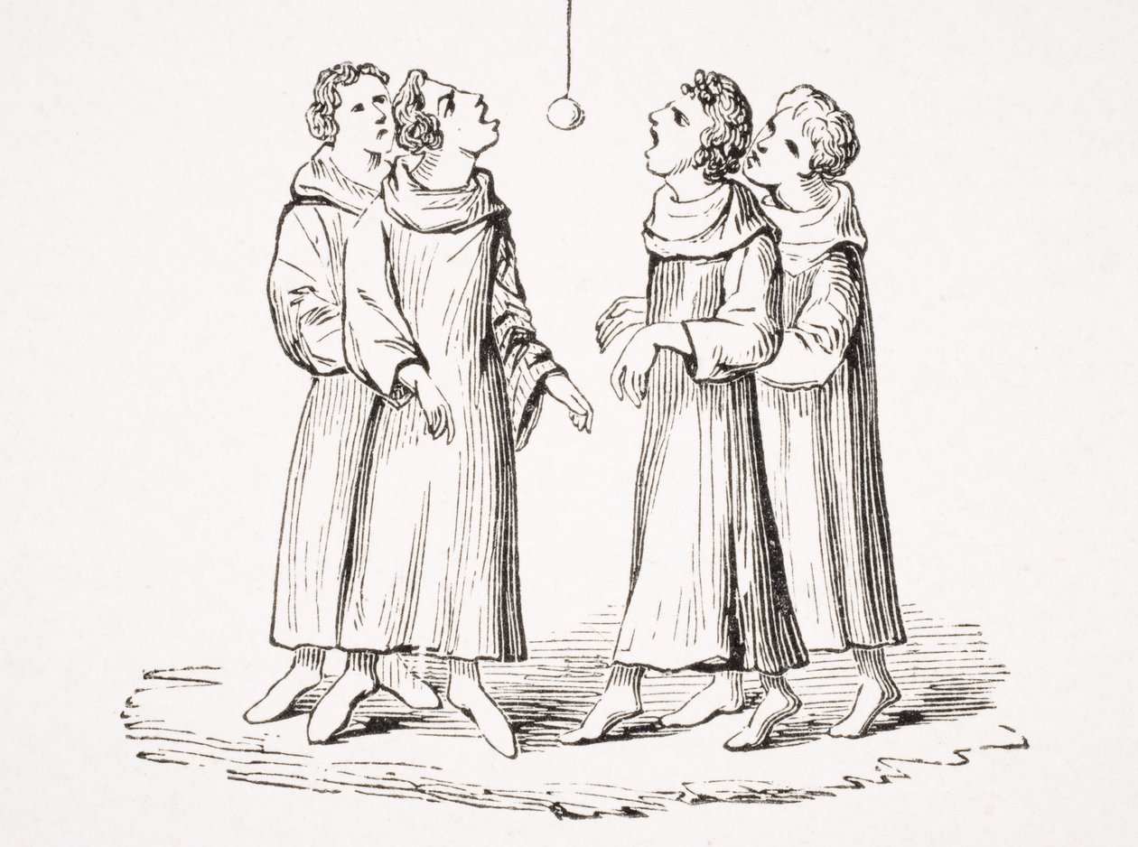 The Game of Bob Apple, nebo Swinging Apple, reprodukce z rukopisu ze 14. století, z „Le Moyen Age et La Renaissance“ od Paula Lacroixe (1806-84), vydaného v roce 1847 od French School