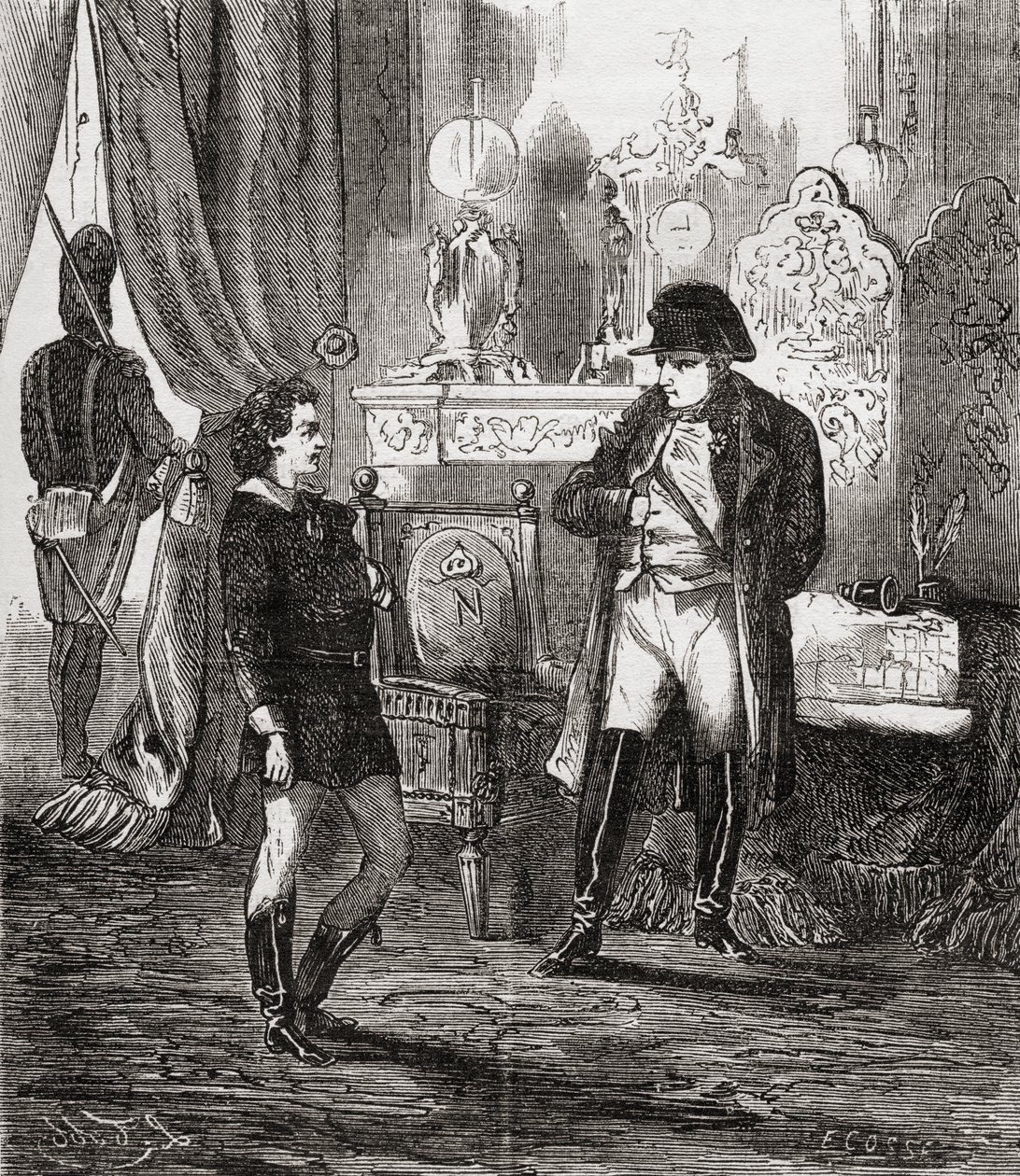 Výslech Friedricha Stabse po jeho neúspěšném pokusu o atentát na Napoleona I. v roce 1809, ze „Societes Secretes, les Francs Macons“, vydané kolem roku 1867 od French School