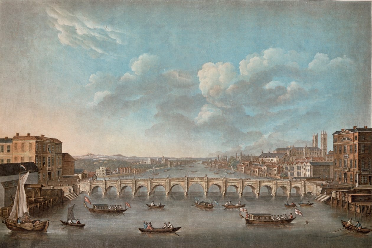 „Vue du Pont de Westminster“, při pohledu na západ, z původního obrázku v kabinetu Monsr T.M. Drouhin, 1799 od French School