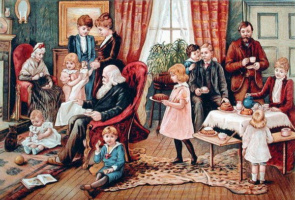 A Family Takeing Tea, cca 1900 (barevné lito) od French School