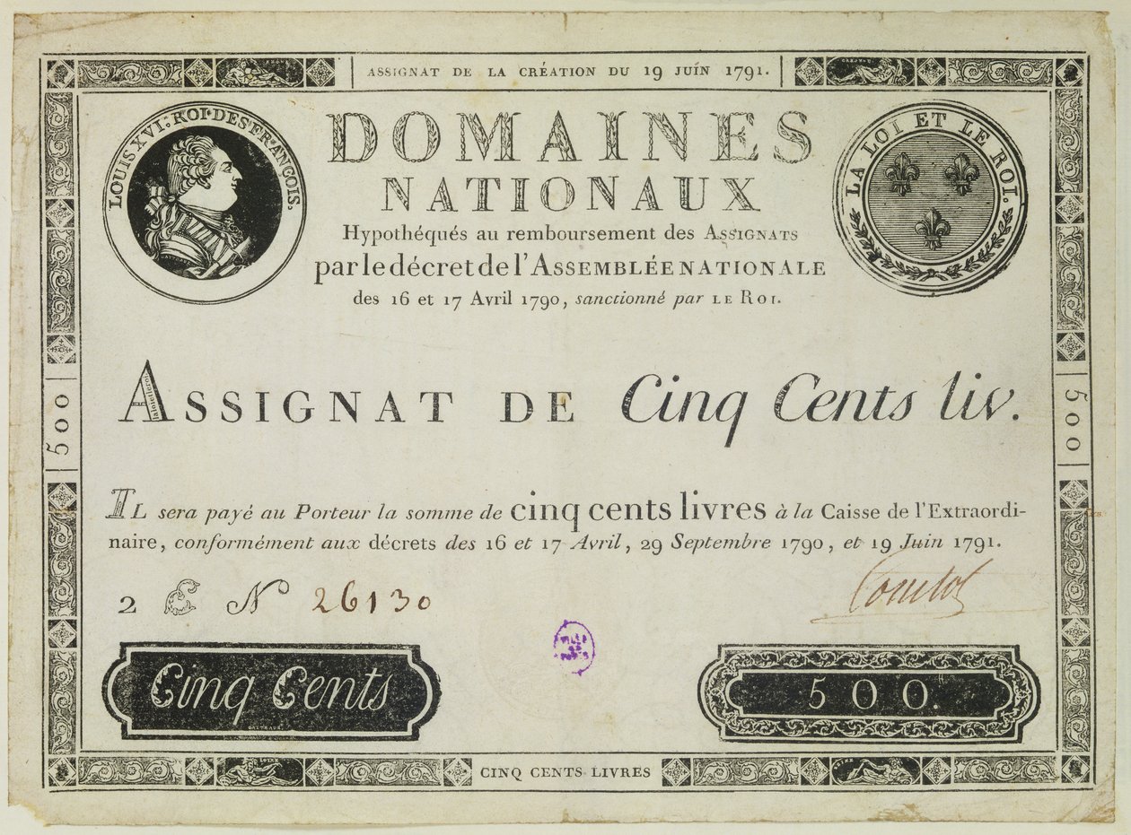 Bankovka pěti set livres, 19. června 1791 od French School