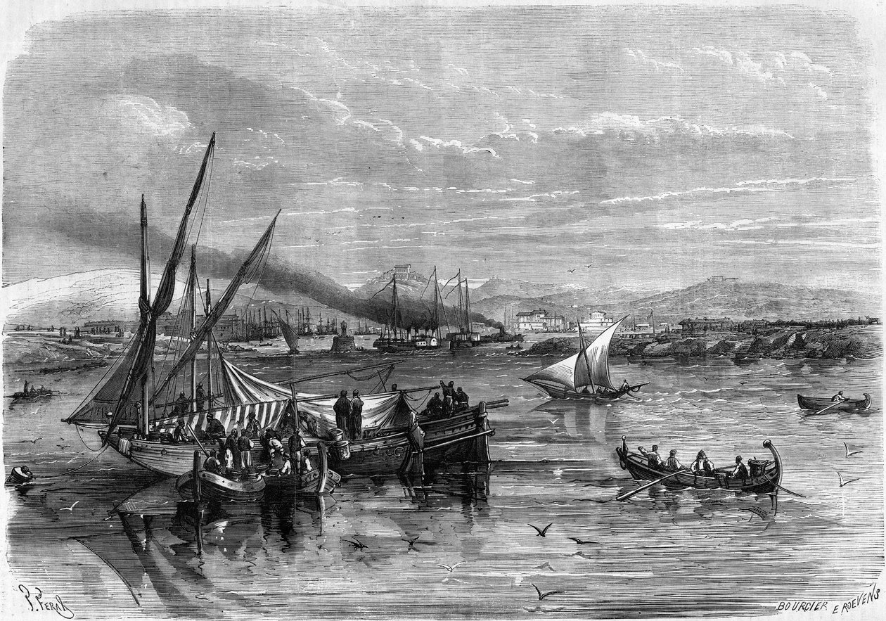 Celkový pohled na Piree, Athenes Harbour od French School