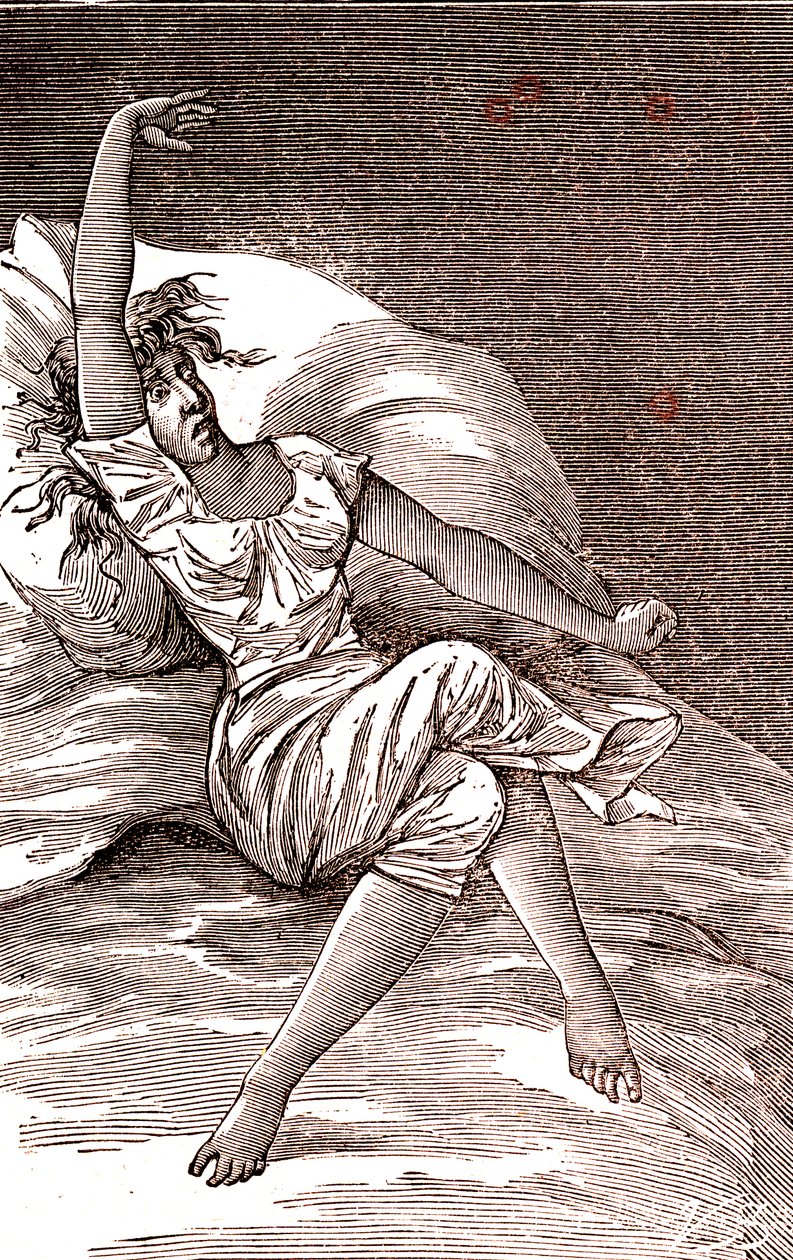 Bolesti hlavy, melankolie a hysterie, úzkost. 1887 (rytina) od French School
