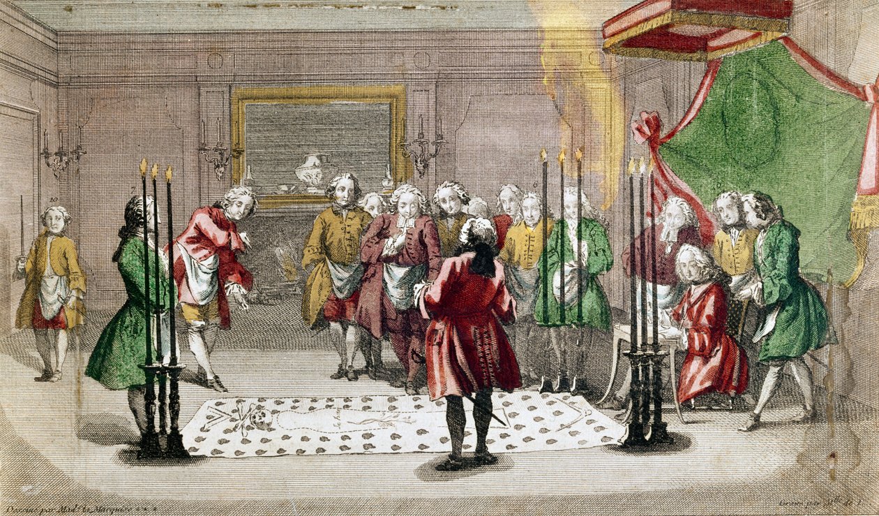 Zednářský obřad ve Francii (barevná rytina) od French School