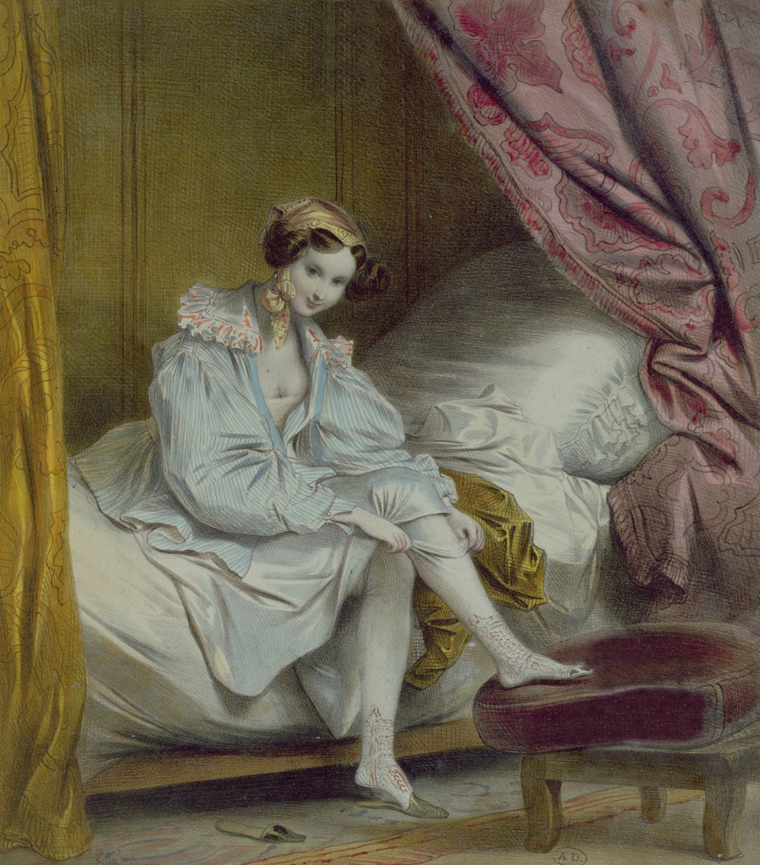 Žena si obléká punčochy, kolem roku 1830 od French School
