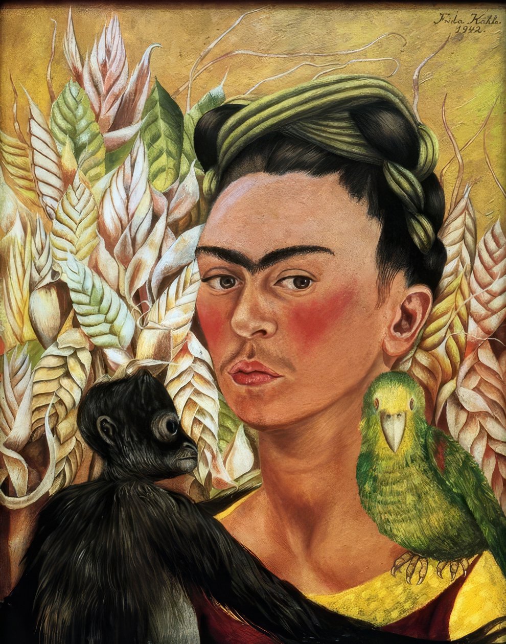 Autoportrét s opicí a papouškem od Frida Kahlo
