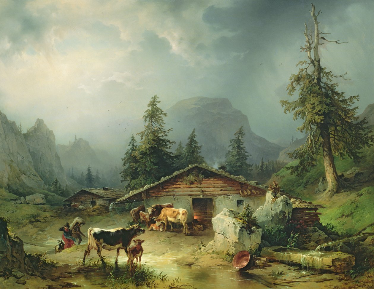 Horská chata v deštivém počasí, 1850 od Friedrich Gauermann