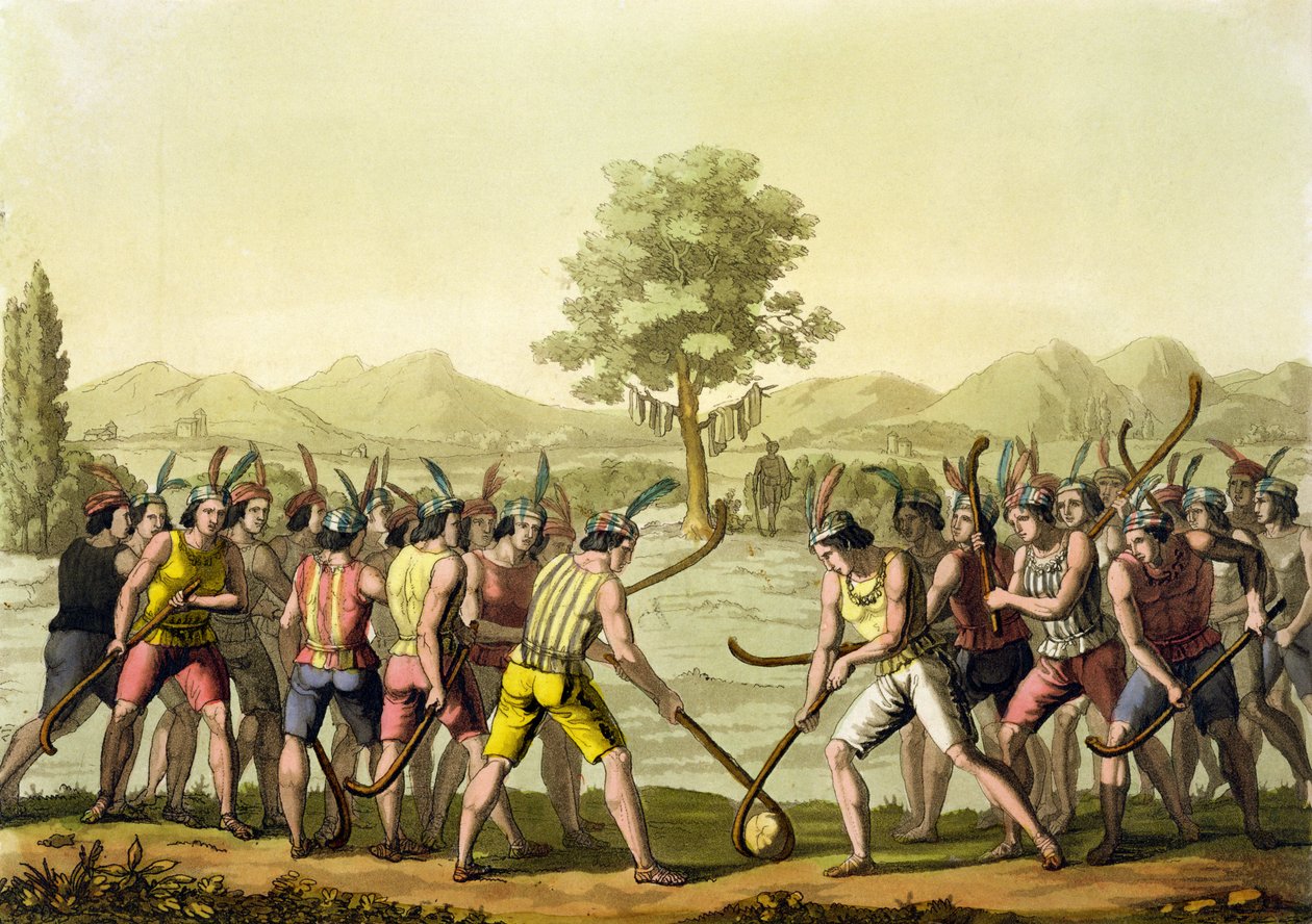 Indiáni hrající Ciueca, Chile, z „Le Costume Ancien et Moderne“, svazek II, deska 29, od Julese Ferraria, ryl Paolo Fumagalli (19. století), vydáno kolem 20.–30. let 19. století (barevná rytina) od G. Bramati