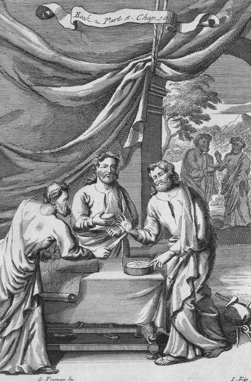 Hádka mezi kartografy, ilustrace z knihy 2, část 5, kapitola 10 knihy „Principy filozofie“, vyryla Johannes Kip (165353-1722), 1694 od G Freman