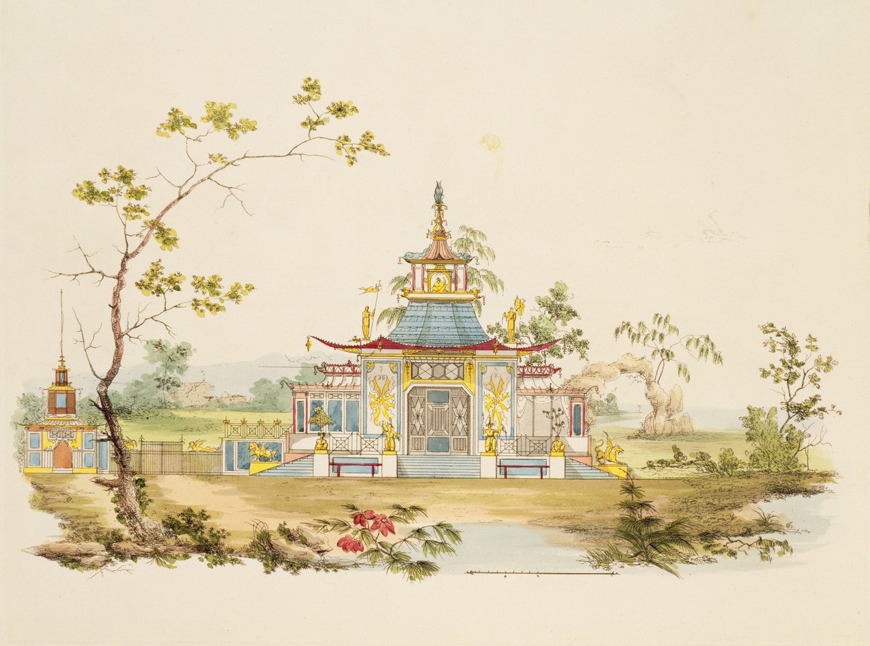 Návrh čínského chrámu, cca 1810 (pero, tuš a čb na papíře) od G. Landi