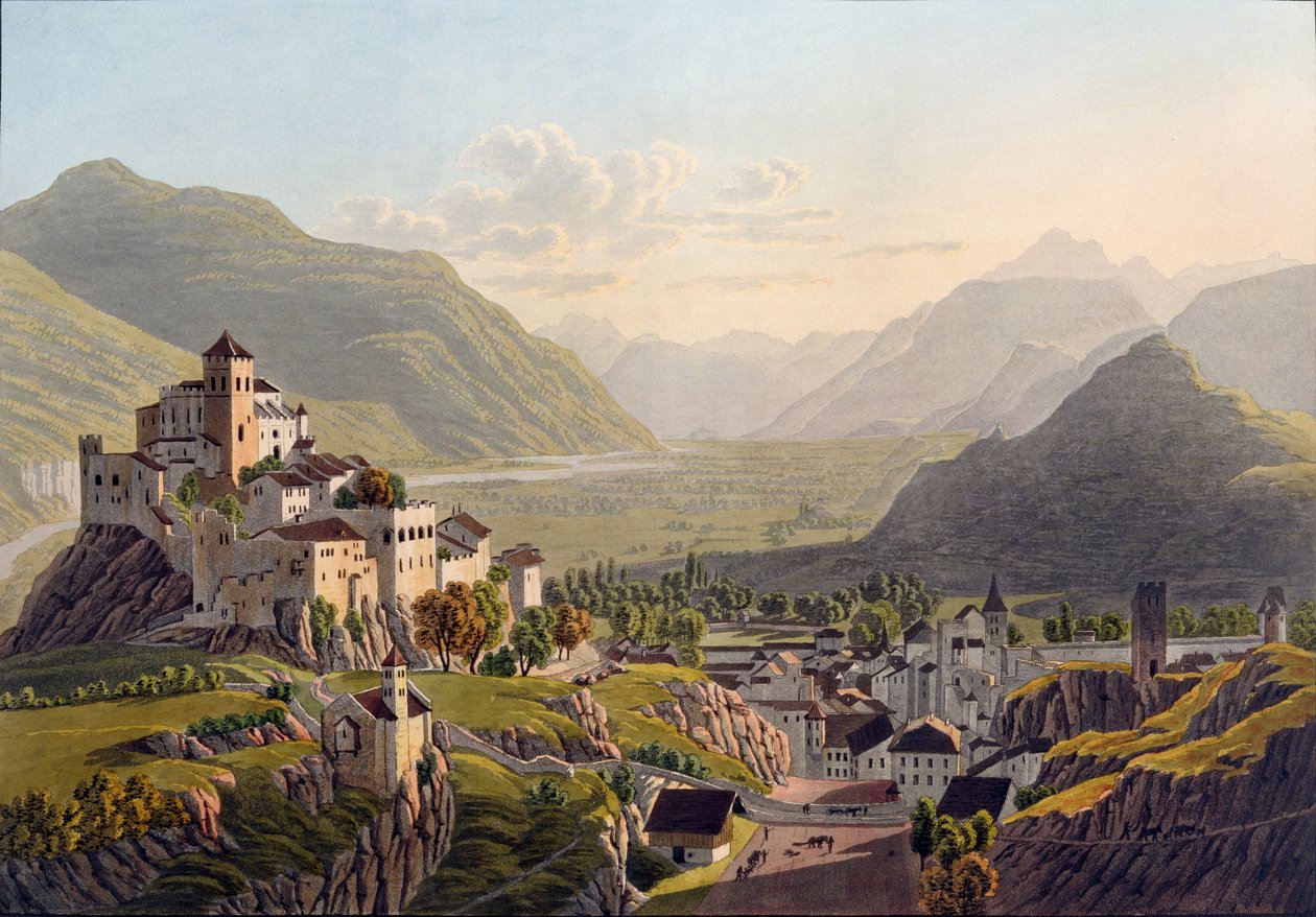 Pohled na Sion, ilustrace z knihy Voyage Pittoresque de Geneve a Milan, vydáno v Basileji, 1819 od Mathias Gabriel Lory