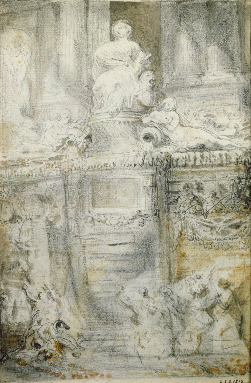 Fontána na Rue de Grenelle, 1777 (pero a inkoust a wc na papíře) od Gabriel de Saint Aubin