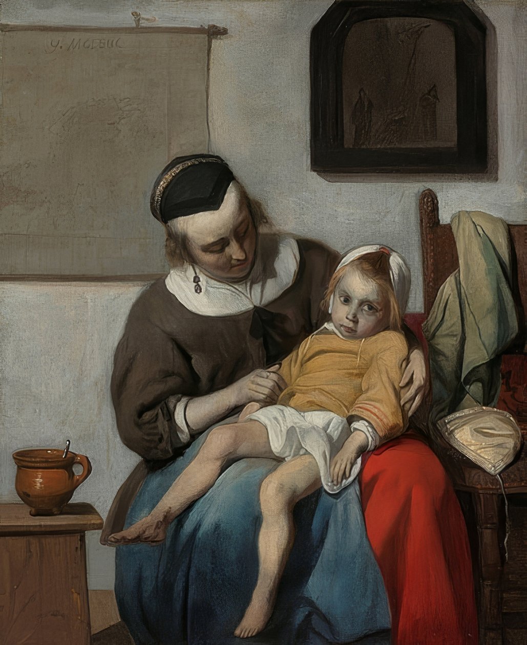 Nemocné dítě. Kolem 1664-66 od Gabriel Metsu