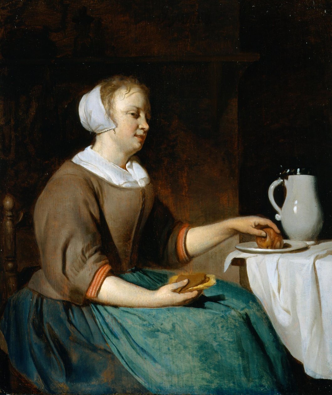 Mladá žena jí u stolu od Gabriel Metsu