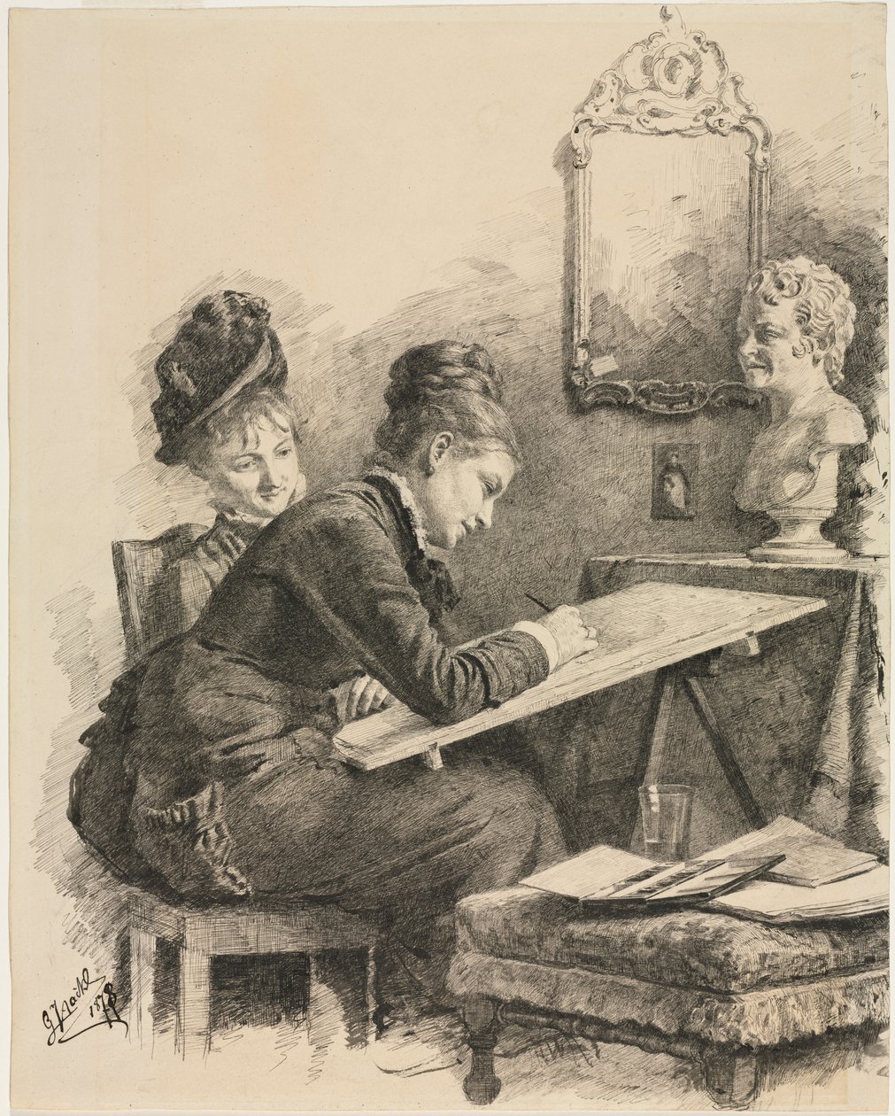 Dvě ženy skicující sochu, 1878. od Gabriel von Hackl
