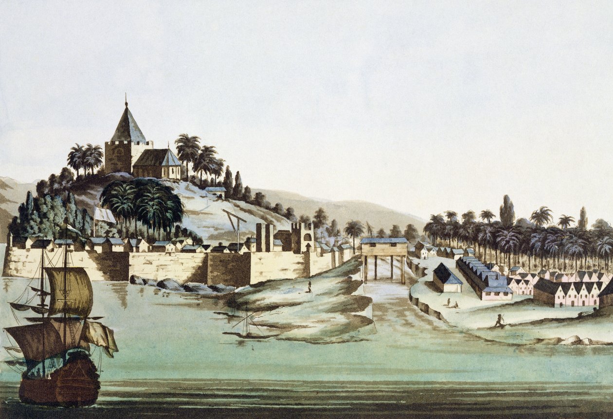 Přístav a město Malacca, Malajsie, ilustrace z „Le Costume Ancien et Moderne“ od Giulia Ferraria, vydáno kolem 20.–30. od Gaetano Zancon
