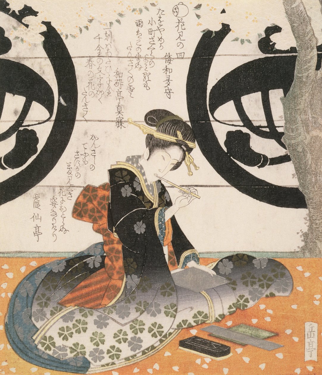 Beauty Viewing Flowers (barevný dřevořez) od Gakutei Harunobu