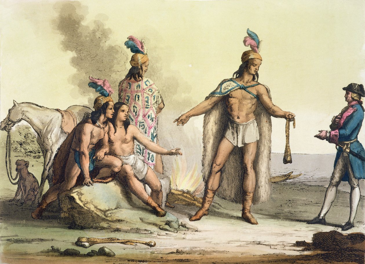 Indiáni z Patagonie, Chile, zdraví evropského cestovatele, z „Le Costume Ancien et Moderne“, svazek II, deska 38, od Julese Ferraria, vydáno kolem 20.–30. od Gallo Gallina