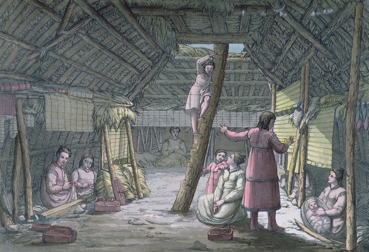 Interiér domu v Unalasce, ilustrace z knihy Julese Ferraria "Le Costume Ancien ou Moderne", vydané v Miláně kolem roku 1820 (barevná rytina) od Gallo Gallina