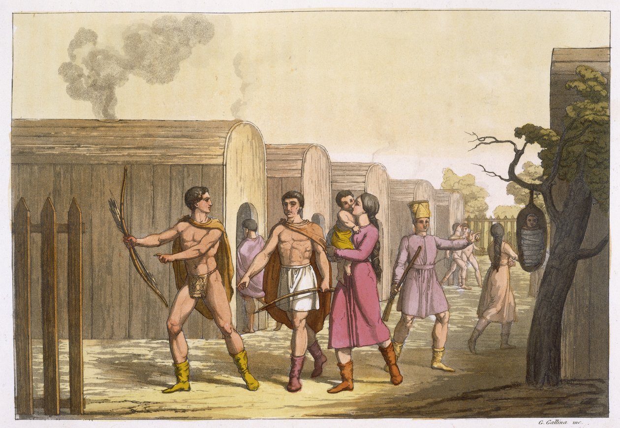 Lahoutan Indians, Kanada (barevná rytina) od Gallo Gallina