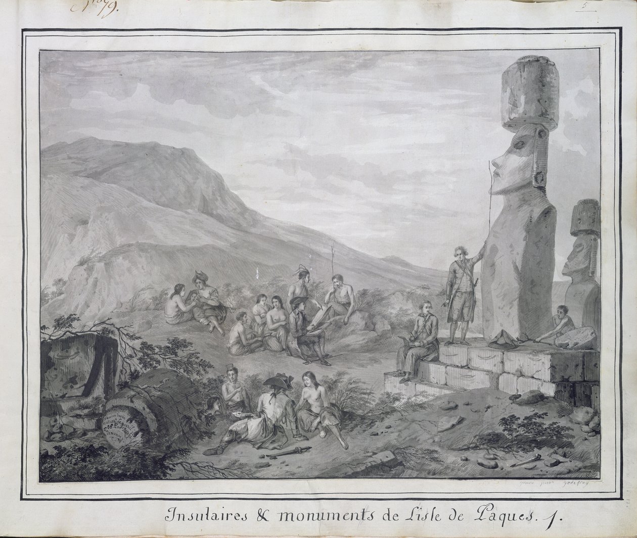 Islanders and Monuments of Easter Island, 1786 (wc a inkoust na papíře) (viz také BAL 72648) od Gaspard Duche de Vancy