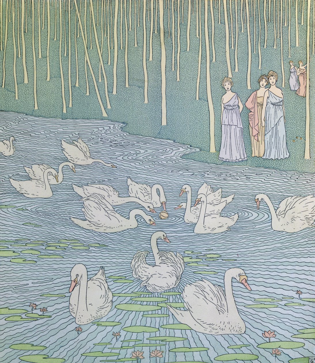 Nausicaa a její společníci si hrají s míčem, ilustrace z Knihy 6 Odyssey, přeložil Lecomte de lIsle, kolem roku 1900 od Gaston de Latenay