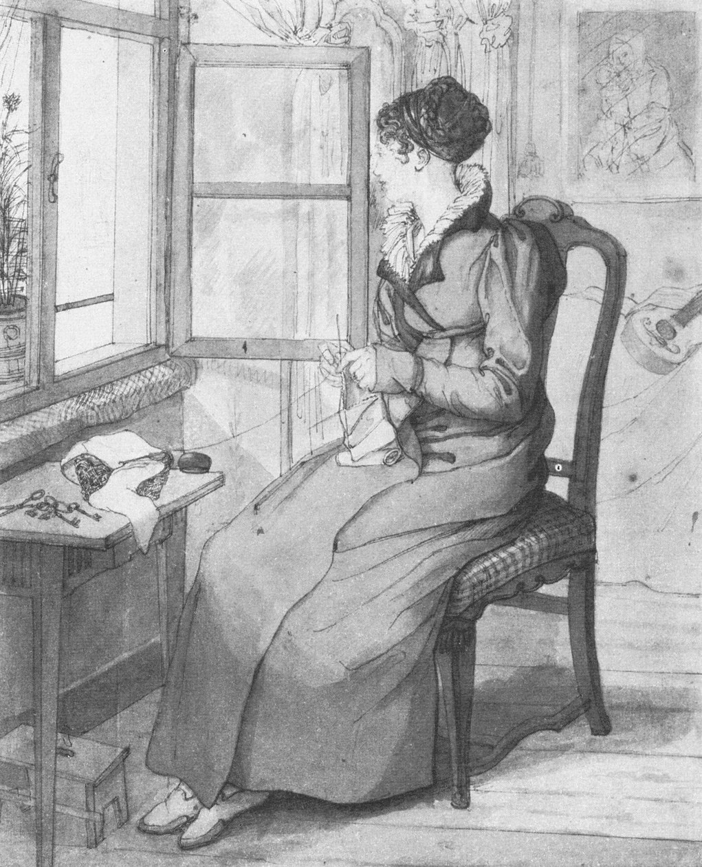Žena pletení u okna od Georg Friedrich Kersting