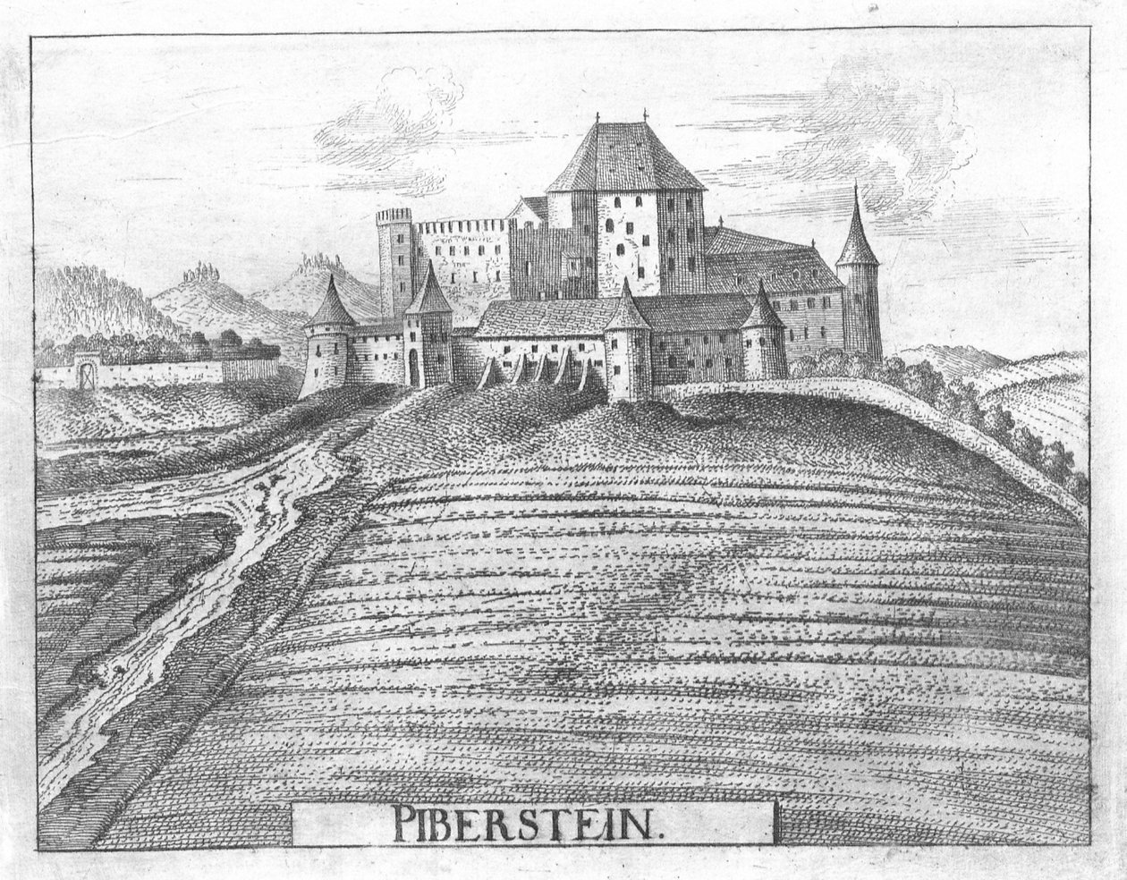 Rytina mědi, pohled na hrad Piberstein, Horní Rakousy od Georg Matthaus Vischer