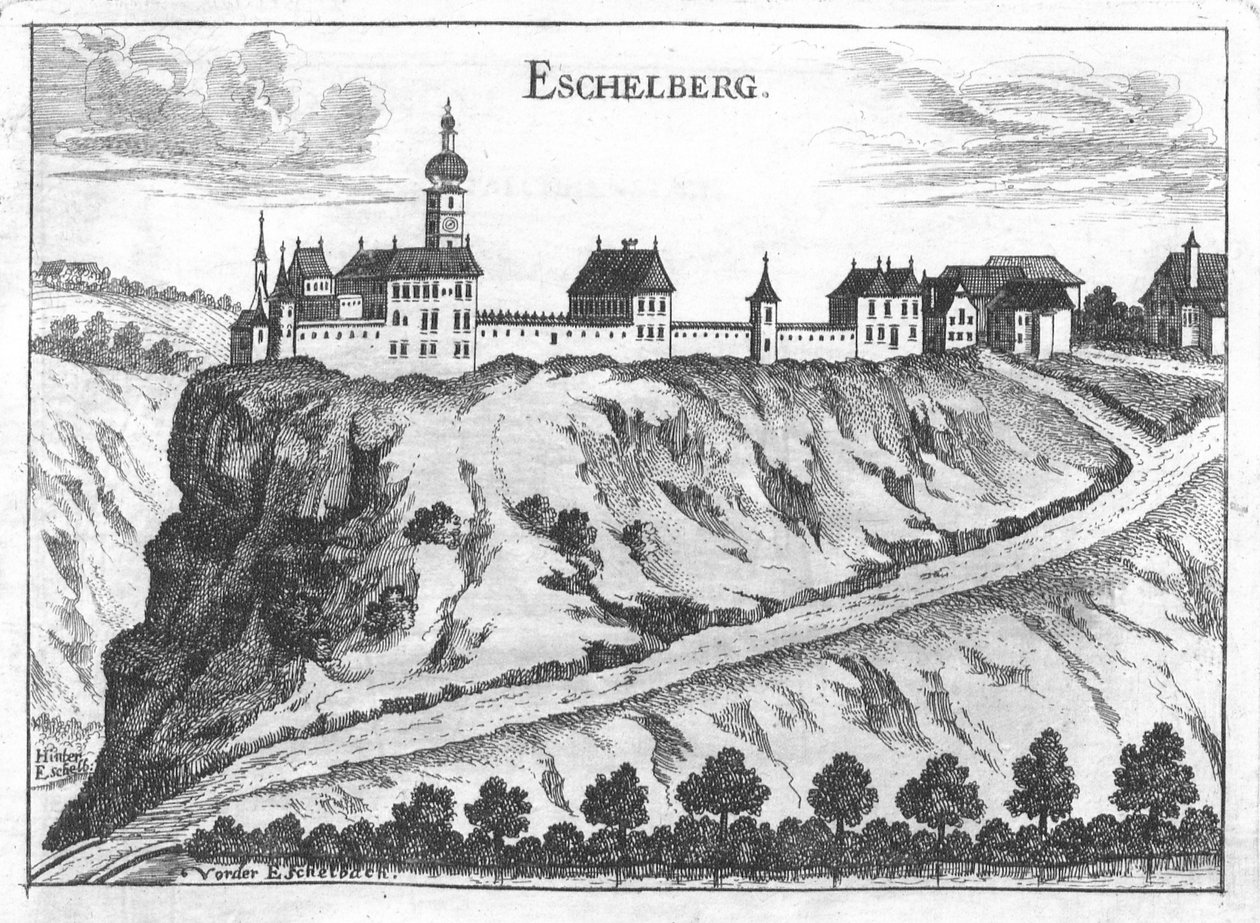Rytina, pohled na hrad Eschelberg od Georg Matthäus  Vischer