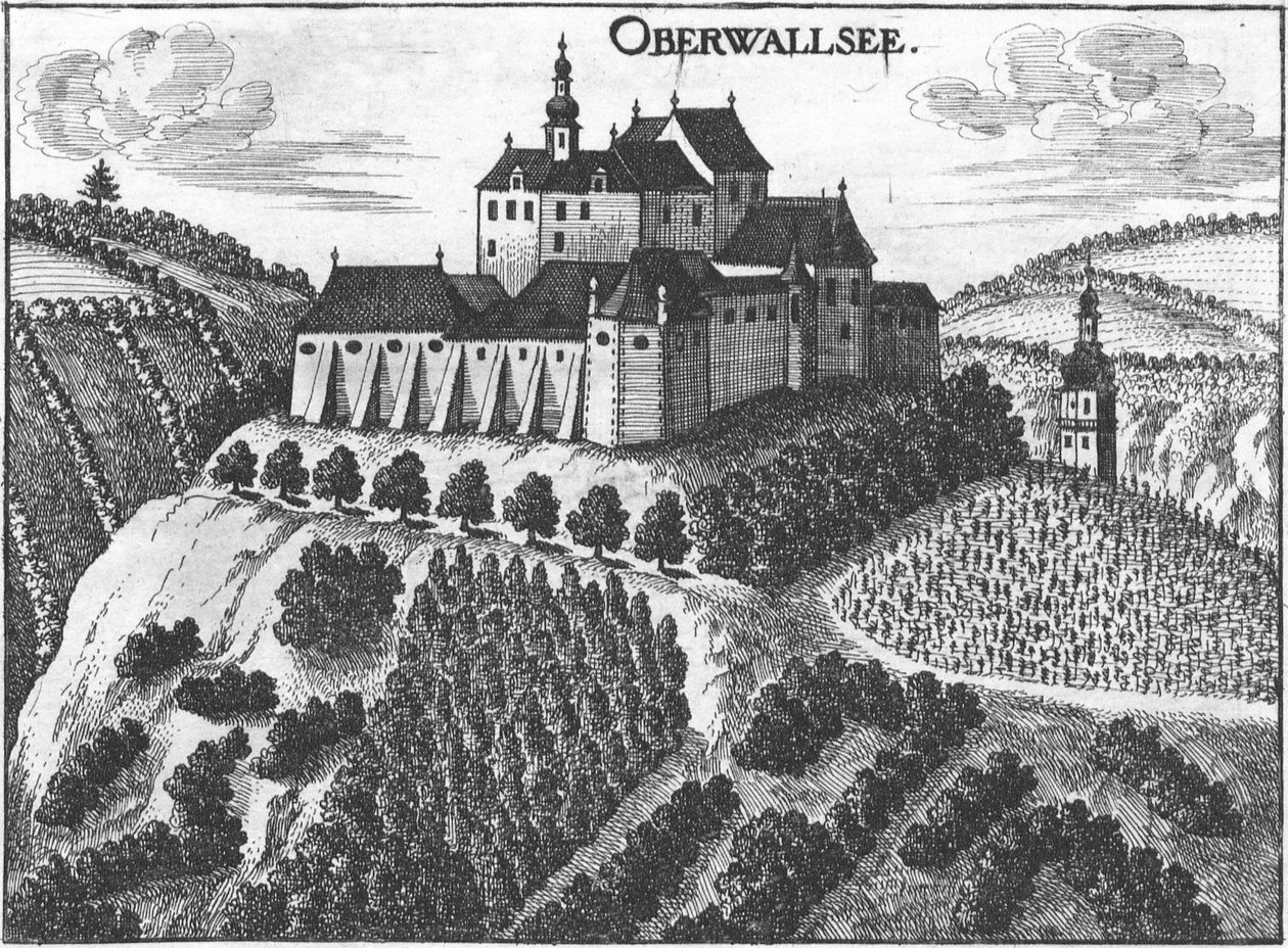 Rytina, pohled na hrad Oberwallsee, Horní Rakousy od Georg Matthäus  Vischer
