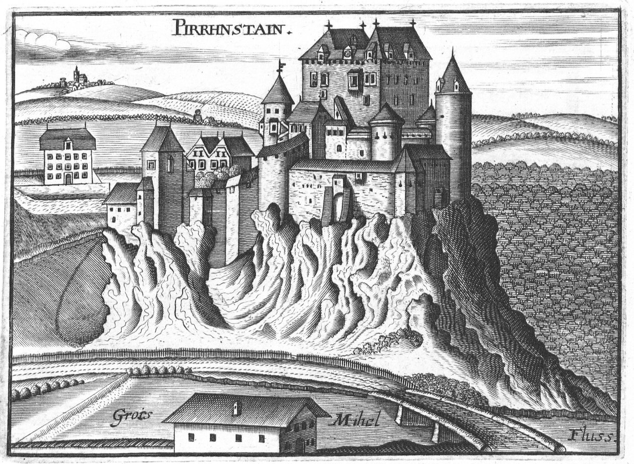 Rytina, pohled na hrad Pürnstein, Horní Rakousy od Georg Matthaus Vischer