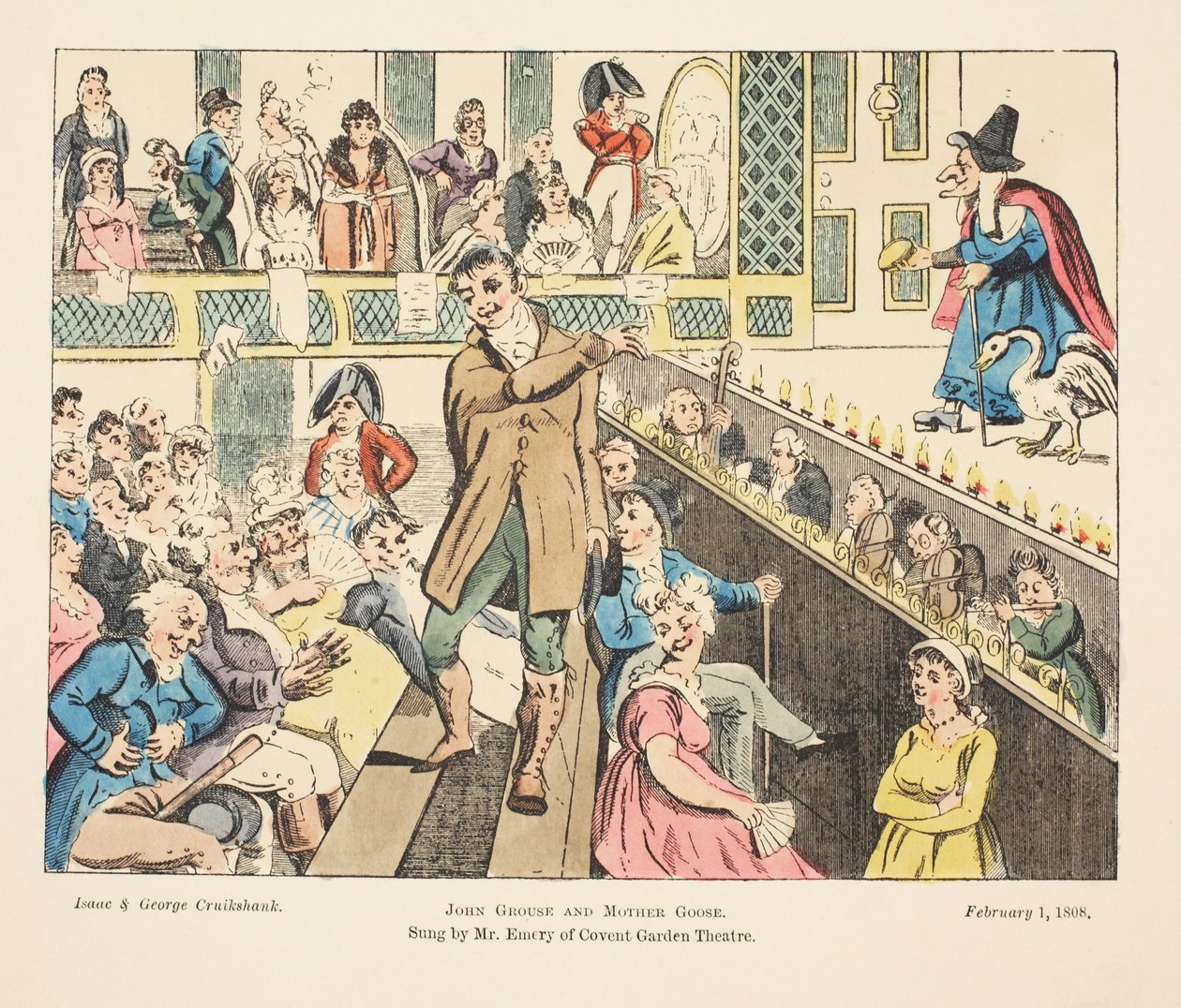 John Grouse and Mother Goose, zpívaný panem Emerym z Covent Garden, hospoda. 1808 (ručně kolorovaná rytina) od Isaac, Robert and George Cruikshank