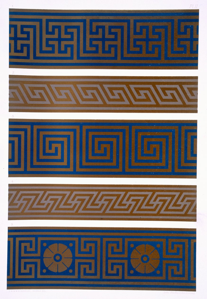 Řecký ornament: Pásy nebo okraje v tmavých a světlých barvách, deska II z knihy "The Practical Decorator and Ornamentalist", vydané v roce 1892. od George Ashdown Audsley