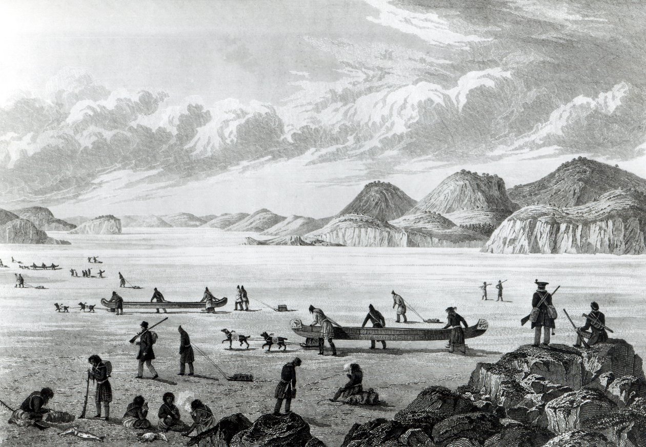 Expedice procházející Point Lata on the Ice, vyryla Edward Francis Finden (1791-1857) 25. června 1821 od George Back
